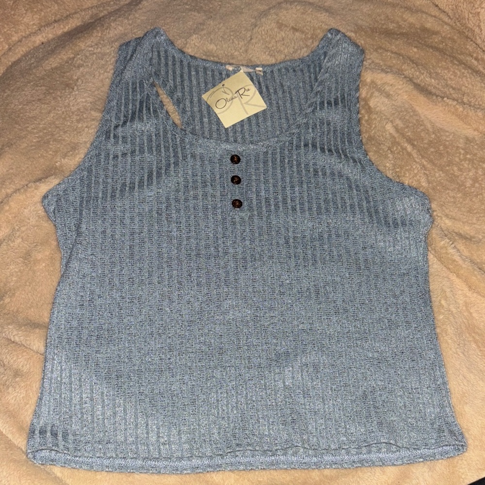 Olivia Rae Blue Ribbed Tank Top with Button Detail